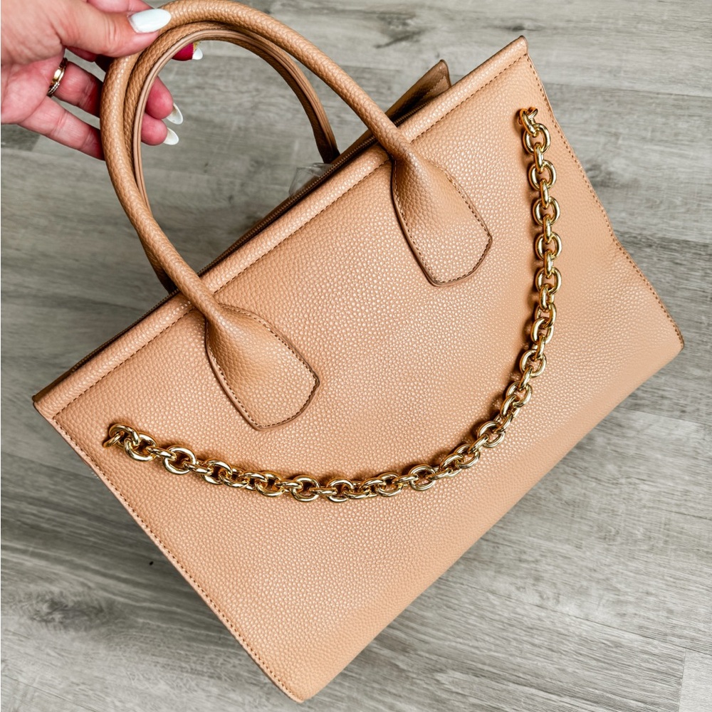 Tan handbag with gold chain
